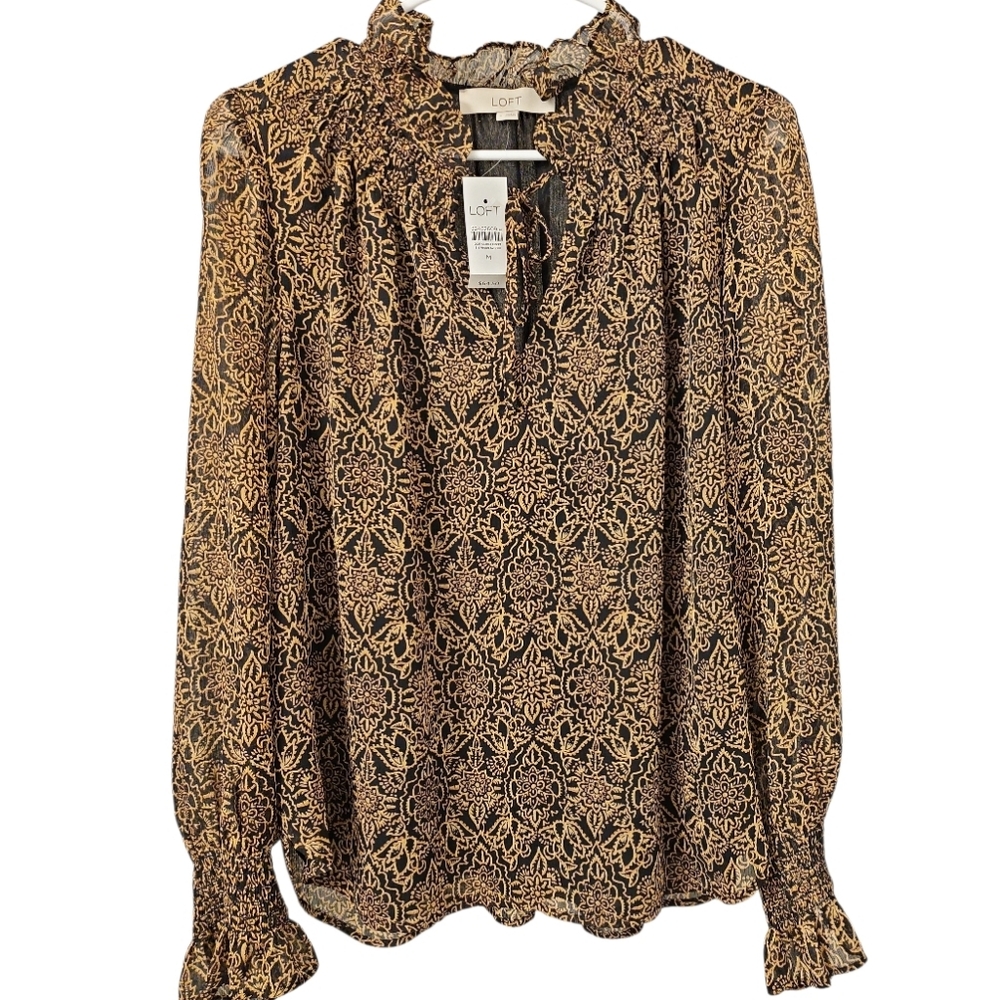 Loft Black Gold Shirred Mock Neck pattern Blouse Size Meduim NWT